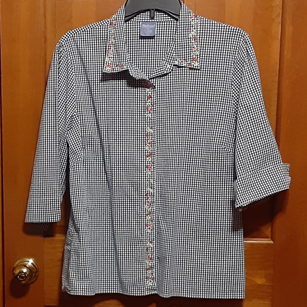 Westbound Navy Checked Embroidered Button Down Top